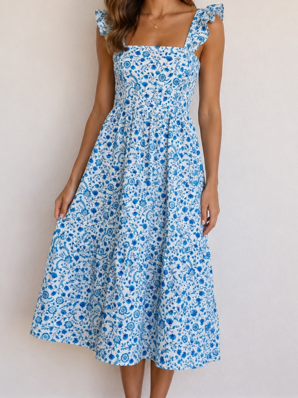 Draper James Blue Floral Cotton Midi Dress | Ruffle Straps | Smocked | Size L
